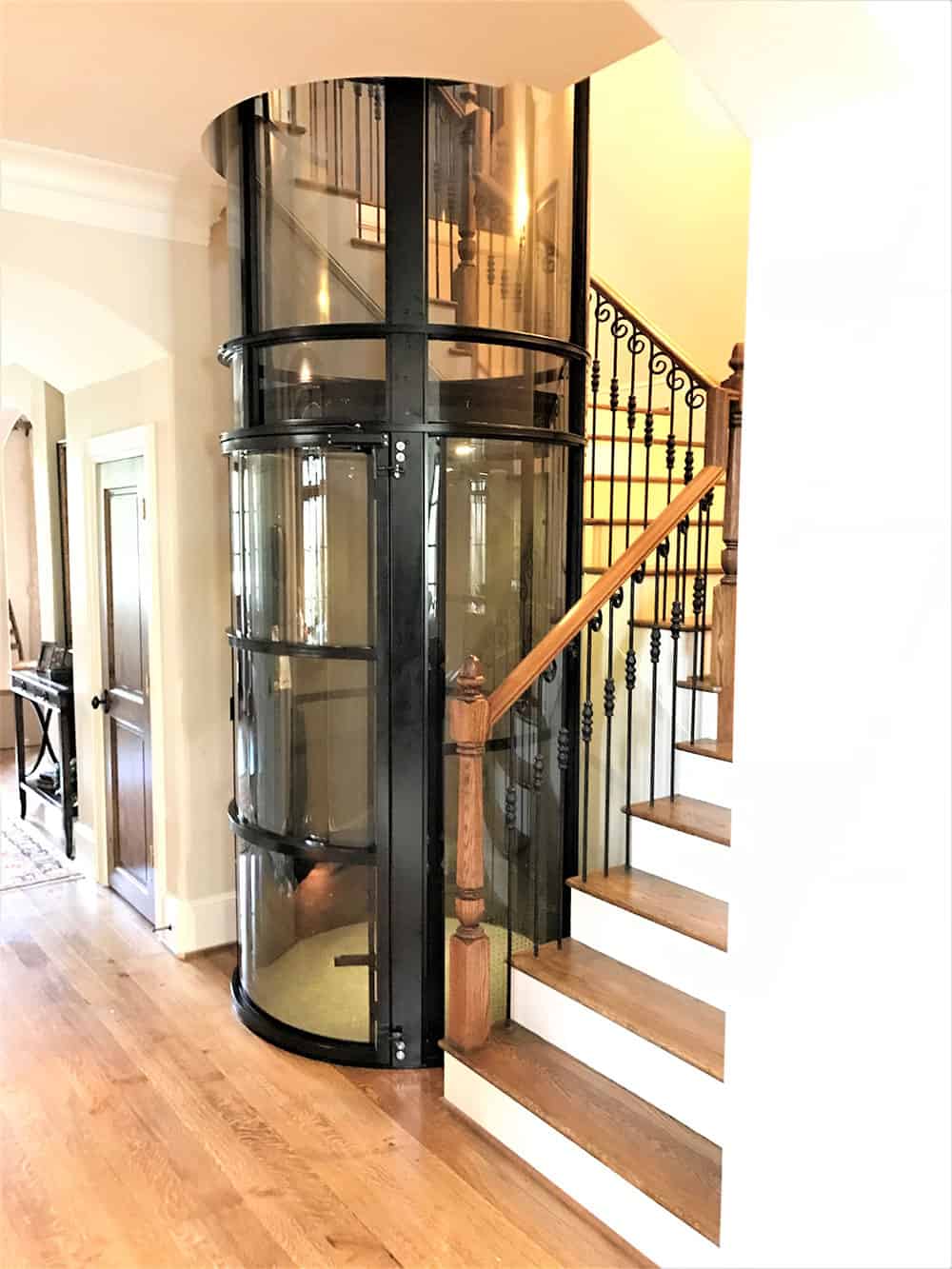 pve elevator installed in stairwell of winding staircase